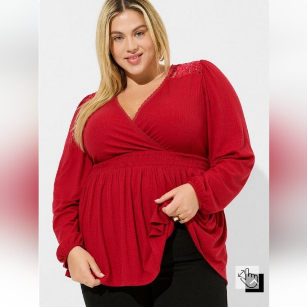 New Torrid 0X(12) Jersey V-Neck Lace Yoke Surplice Long Sleeve Babydoll- Red NWT